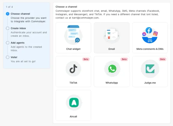 The new inbox wizard's channel picker, with TikTok sitting among the chat widget, email, Meta, WhatsApp, Judge.me, and Aircall cards