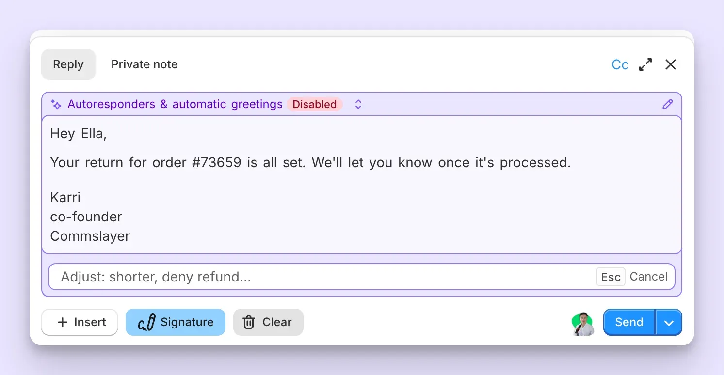 The rebuilt reply editor, with the AI draft controls sitting under the message