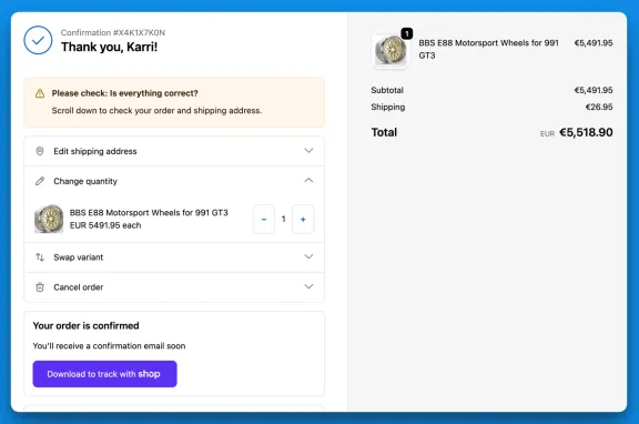 The order editing widget on the checkout thank-you page, offering to edit the shipping address, change quantity, swap variant, or cancel the order