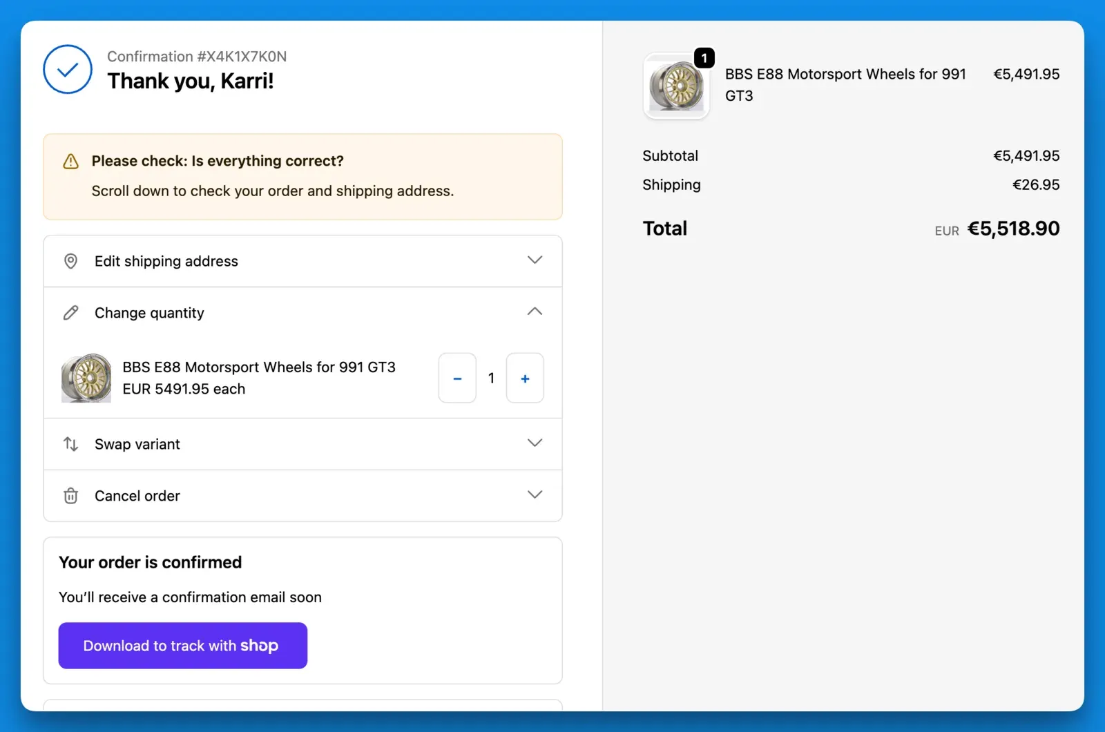 The order editing widget on the checkout thank-you page, offering to edit the shipping address, change quantity, swap variant, or cancel the order
