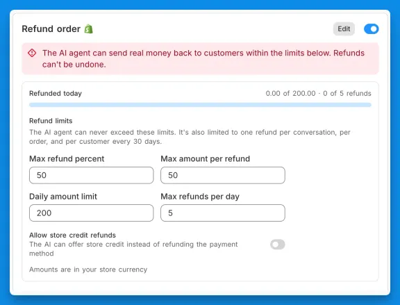 The Refund order action with its guardrails: max refund percent, max amount per refund, a daily limit, and a store credit switch