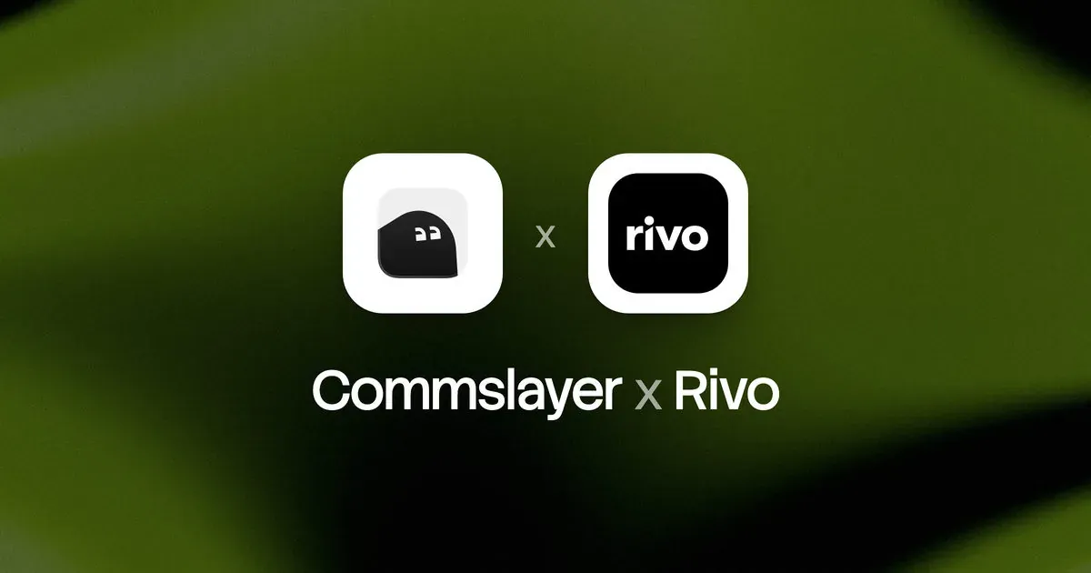 The Commslayer and Rivo app icons side by side above the words Commslayer x Rivo, on a dark green background
