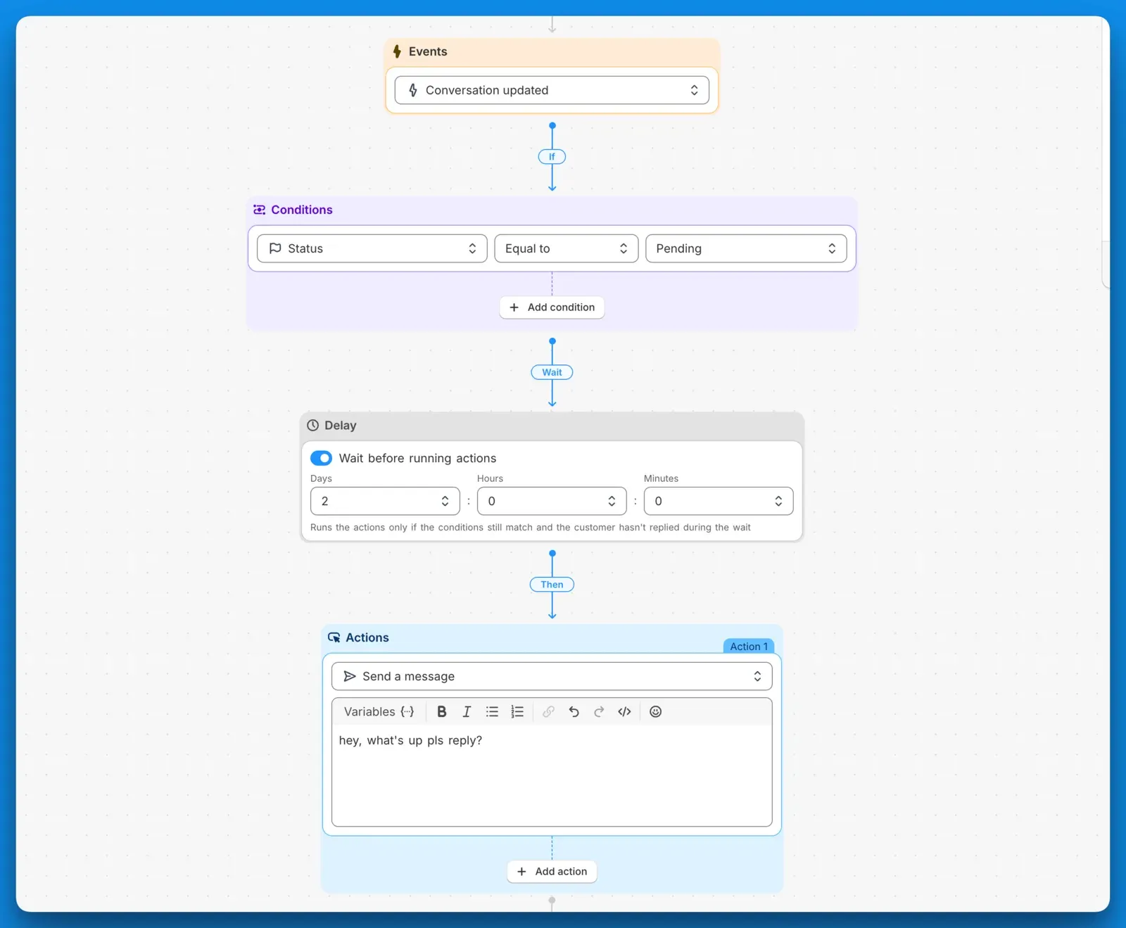 An automation rule with a Delay step: when a conversation goes pending, wait two days, then send a follow-up message