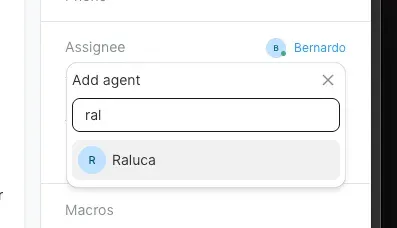 The assignee dropdown in the sidebar, filtering agents as a name is typed