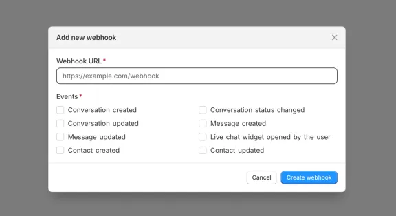 The Add new webhook dialog, with a URL field and checkboxes for the conversation, message, and contact events