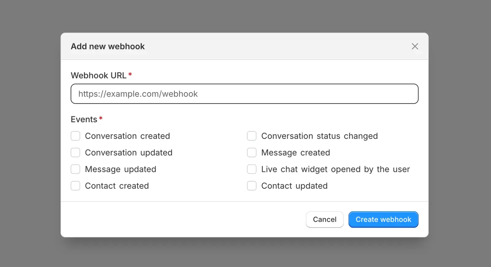 The Add new webhook dialog, with a URL field and checkboxes for the conversation, message, and contact events
