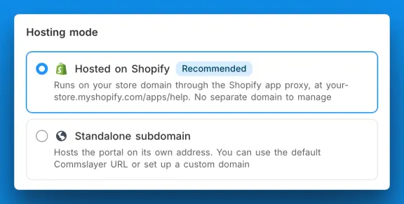 The hosting mode setting, choosing between Hosted on Shopify and a standalone subdomain