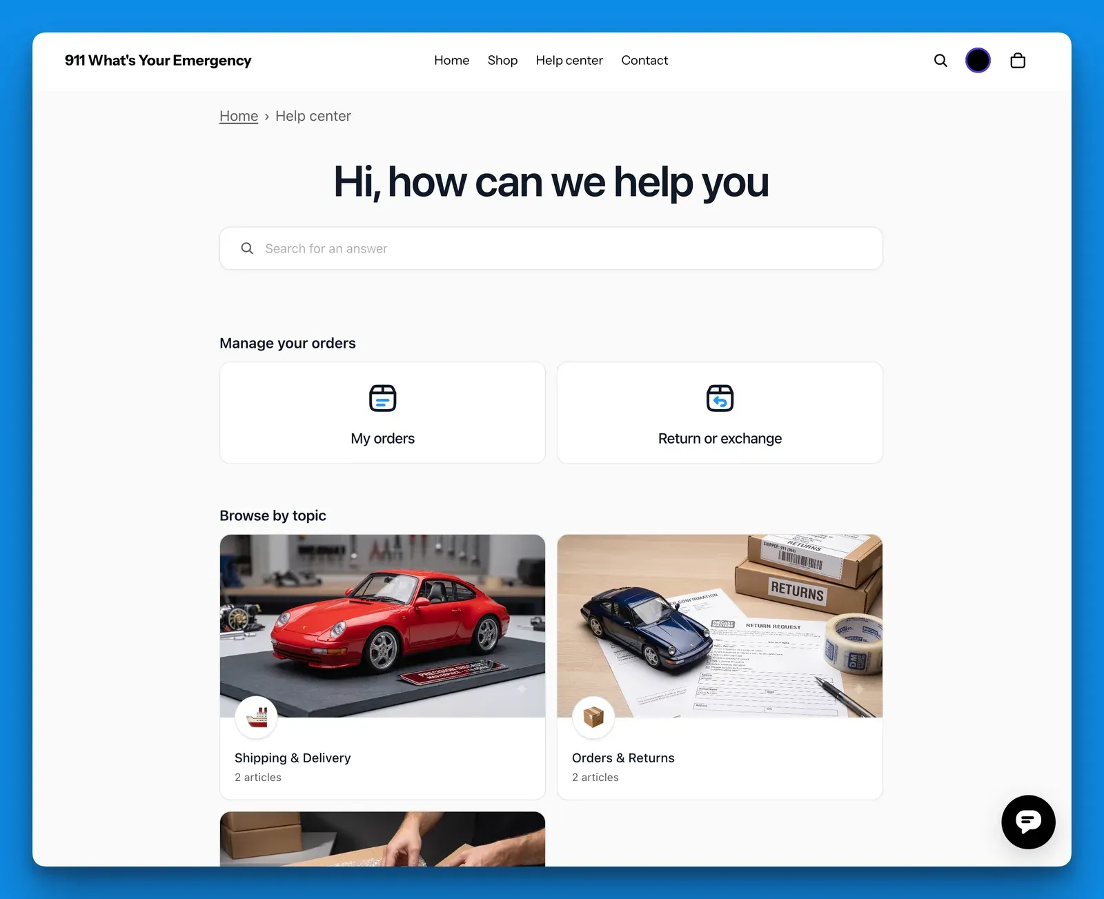 The customer portal inside a Shopify store, with My orders above the help articles
