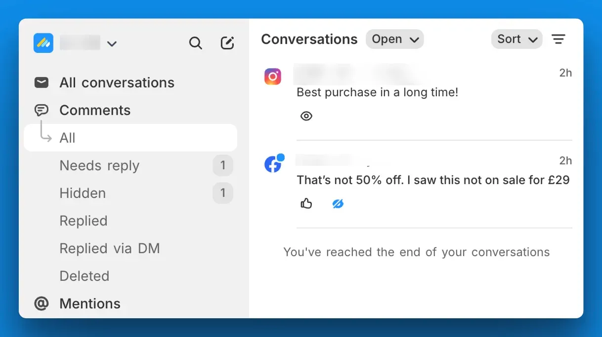 The new Comments tab in the sidebar, with All, Needs reply, Hidden, Replied, Replied via DM, and Deleted views