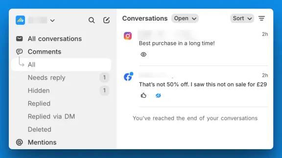 The new Comments tab in the sidebar, with All, Needs reply, Hidden, Replied, Replied via DM, and Deleted views