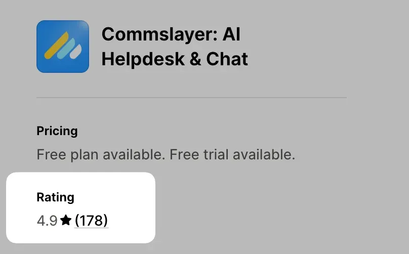 The Commslayer App Store listing with its rating card pulled forward