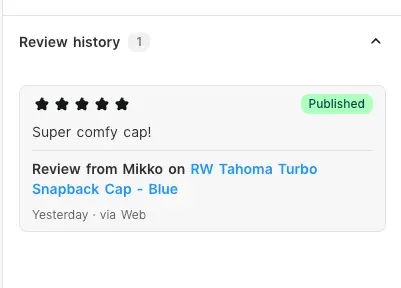 A customer's Judge.me review history in the ticket sidebar, showing the star rating, the review text, and the product it was left on