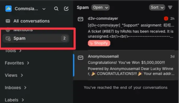 The new Spam folder in the sidebar, holding two auto-detected junk conversations