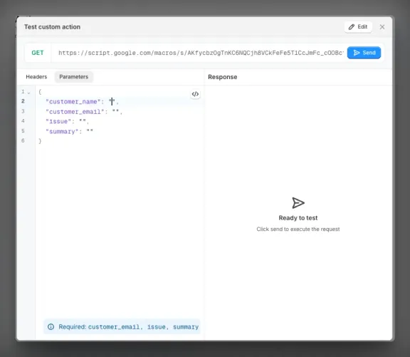 The custom action tester, with a GET request, its JSON parameters, and an empty response pane
