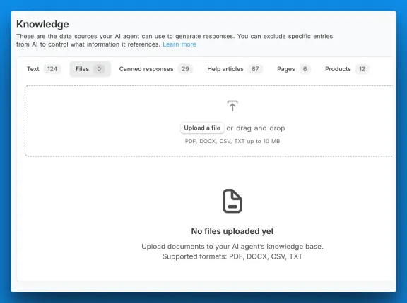 The Knowledge Files tab with its upload area, accepting PDF, DOCX, CSV, and TXT