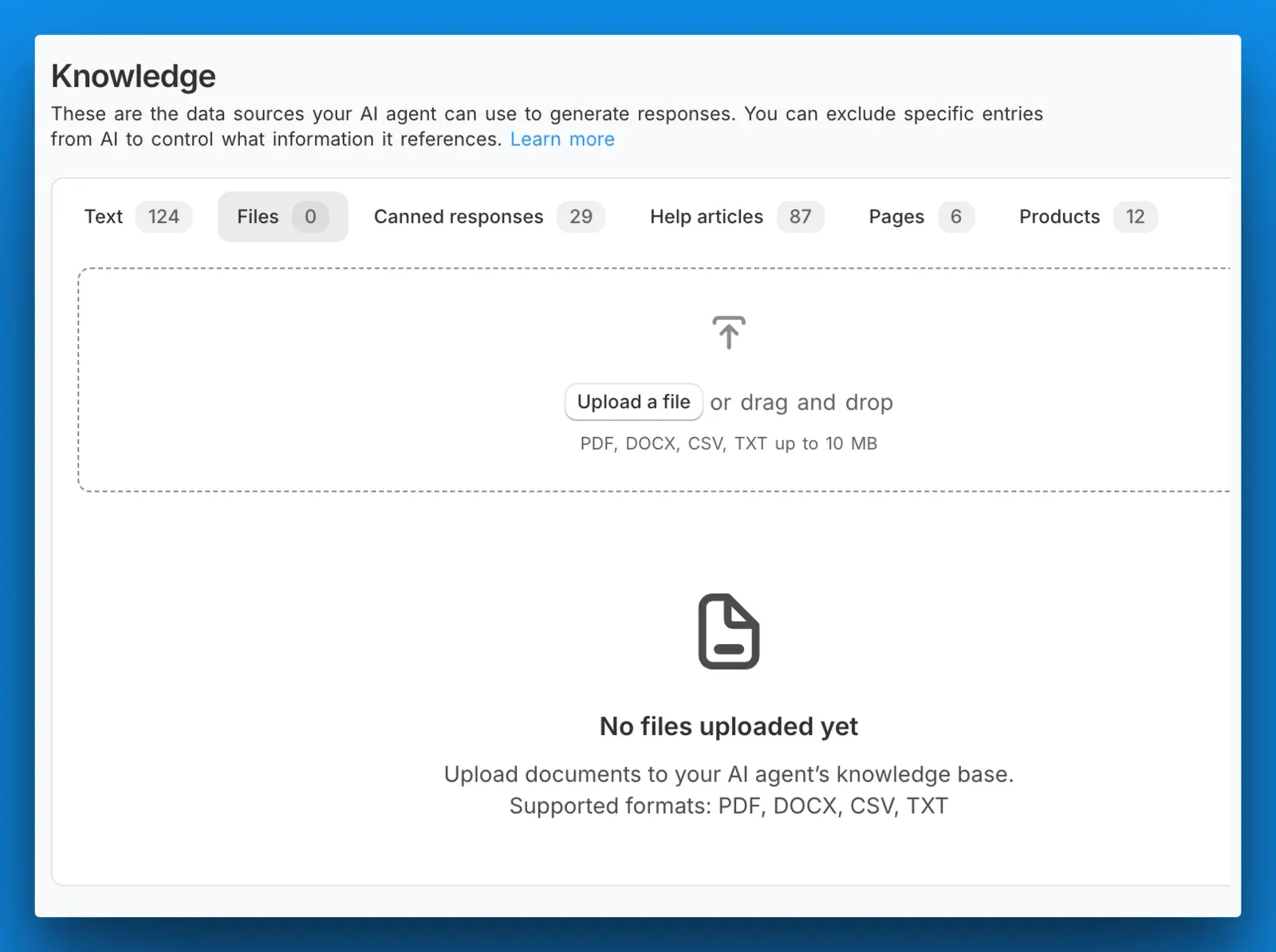 The Knowledge Files tab with its upload area, accepting PDF, DOCX, CSV, and TXT