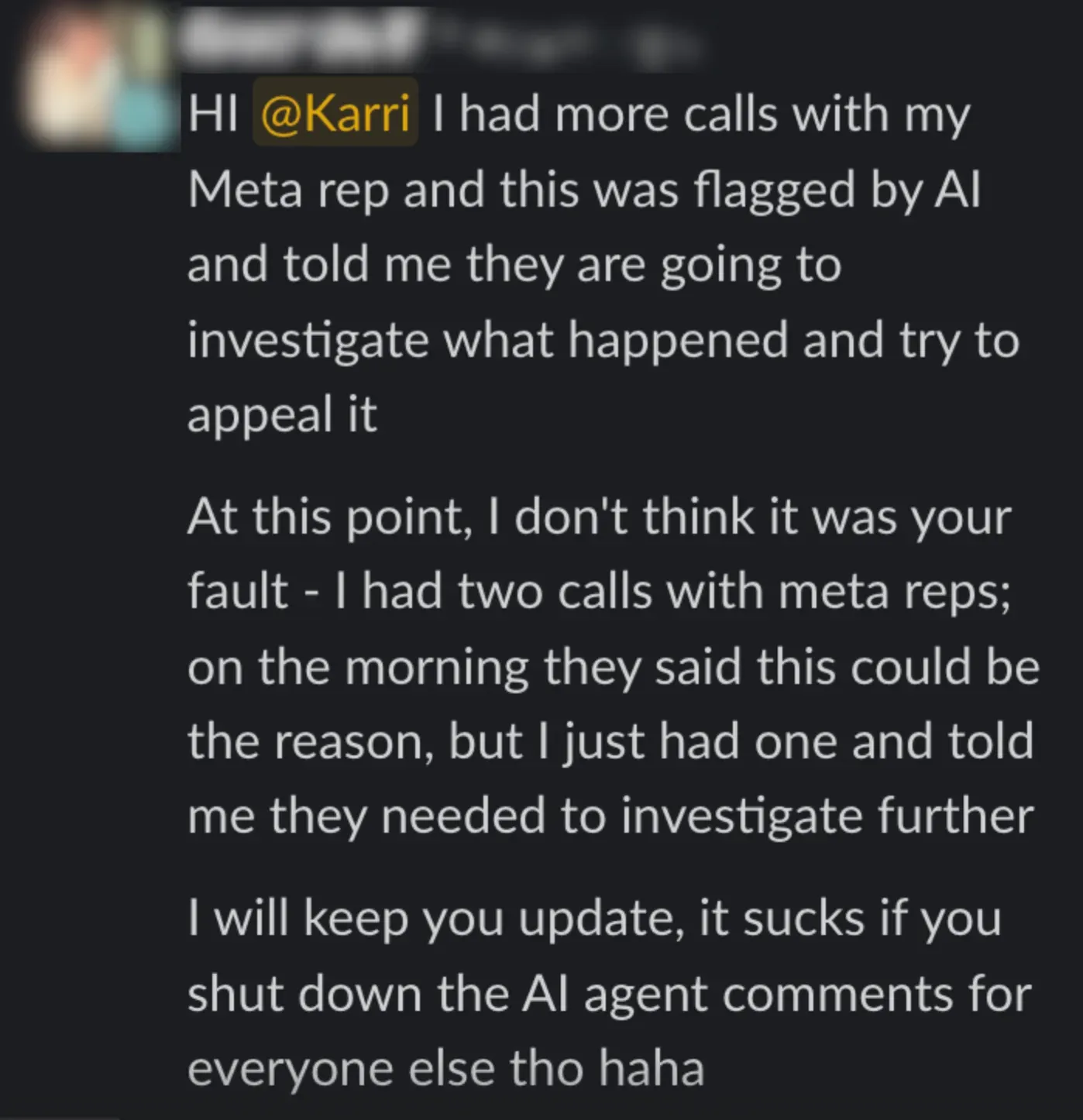 A merchant’s message relaying what their Meta rep said about the flagged account and the appeal