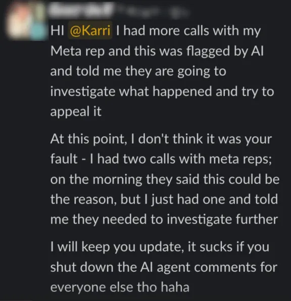 A merchant's message relaying what their Meta rep said about the flagged account and the appeal