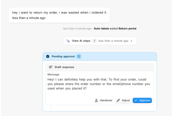 A pending approval card in a conversation, holding the AI's draft response behind Handover, Adjust, and Approve buttons