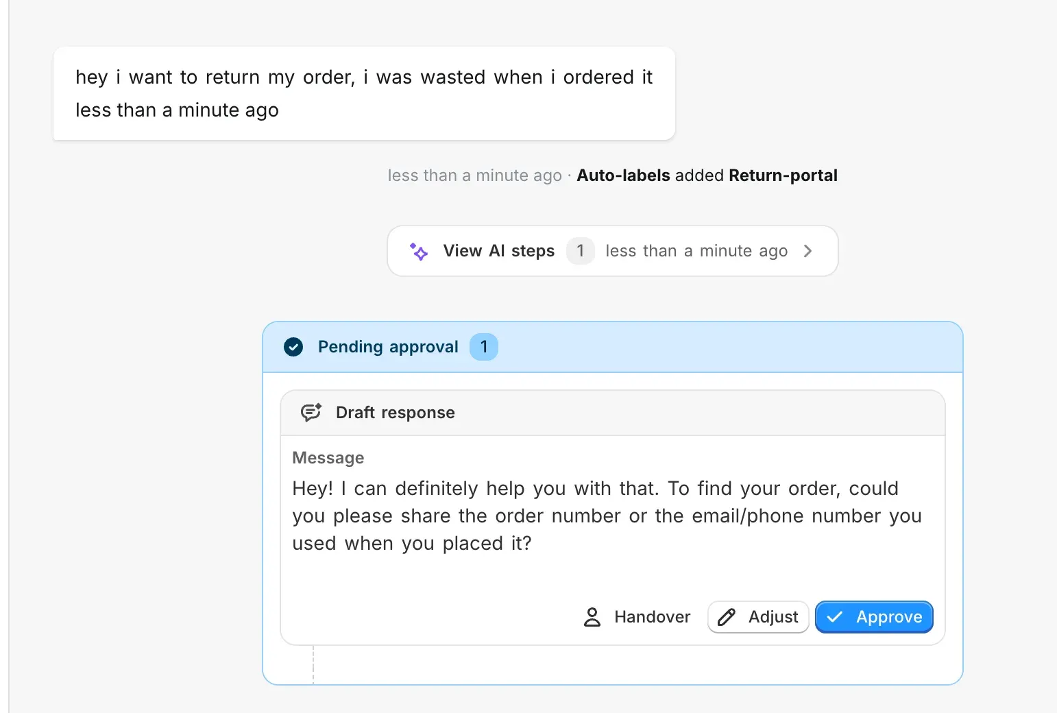 A pending approval card in a conversation, holding the AI’s draft response behind Handover, Adjust, and Approve buttons