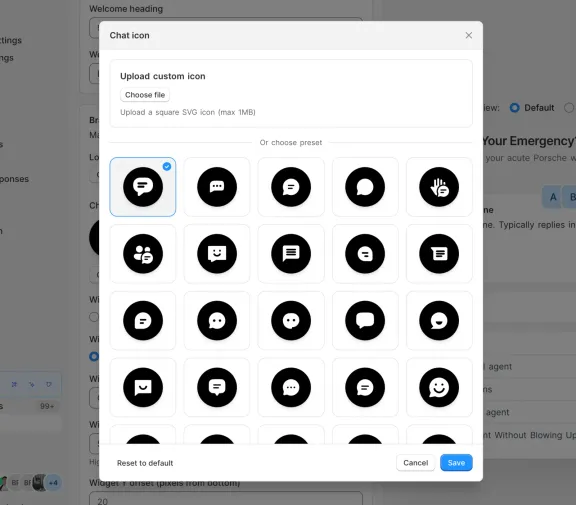 The chat icon picker, with a grid of preset speech-bubble icons and a custom SVG upload above them