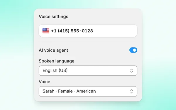 Voice settings for a US number with the AI voice agent switched on, spoken language set to English (US) and the voice set to Sarah