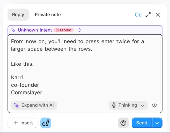 The reply editor demonstrating the new spacing: pressing enter twice to get a gap between paragraphs