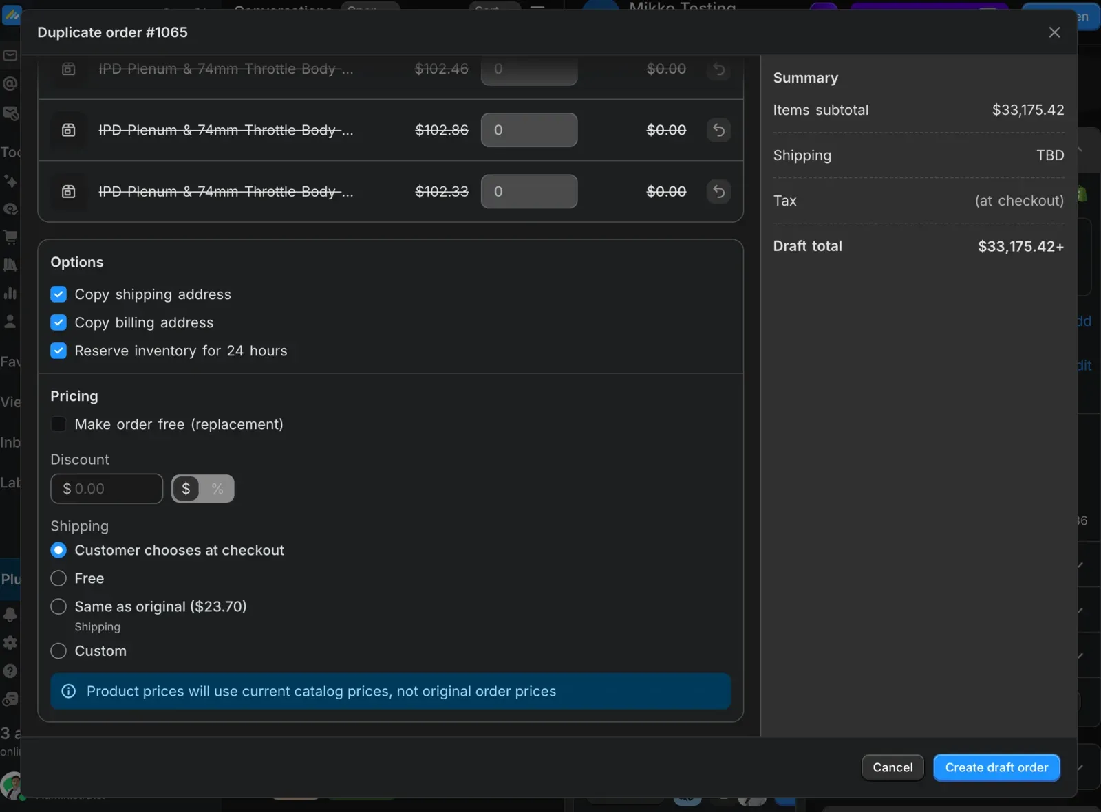 The Duplicate order dialog, with options to copy the addresses, reserve inventory, discount the total, and pick a shipping rate