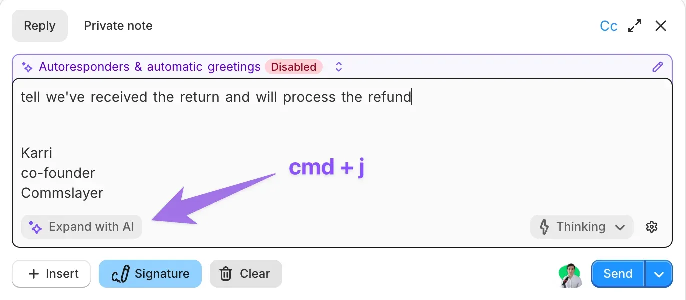 A short prompt typed into the editor — “tell we’ve received the return and will process the refund” — with an arrow pointing at Expand with AI and the Cmd + J shortcut
