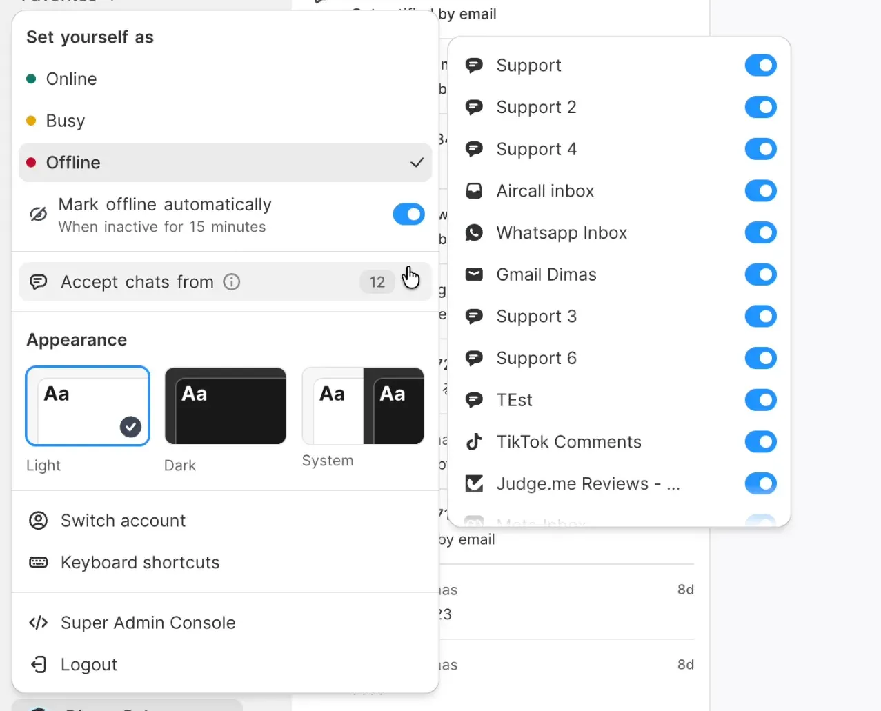 The agent status menu set to Offline, with the “Accept chats from” list of inboxes open beside it