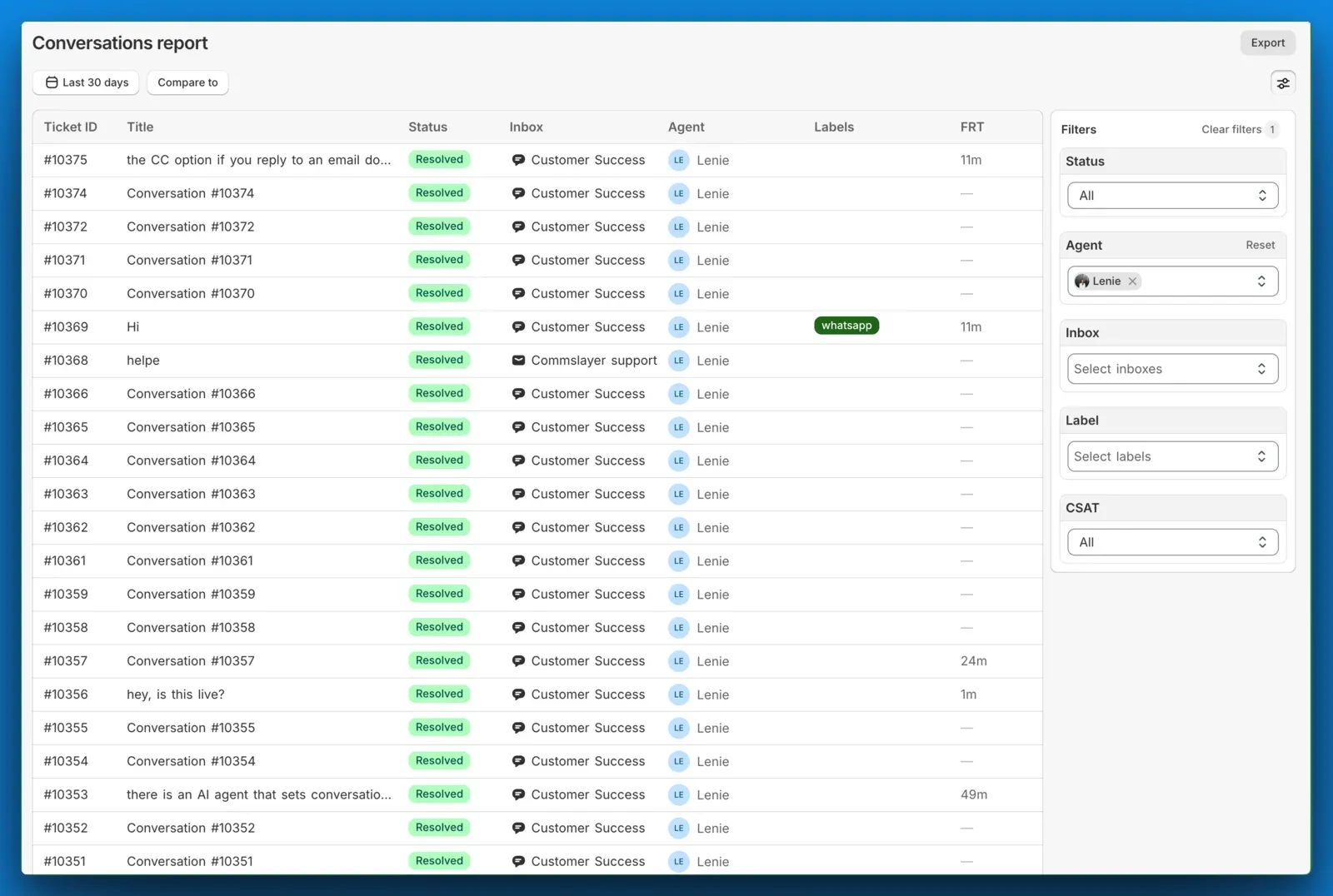 The conversations report, one row per ticket with status, inbox, agent, labels, and first response time, filtered down the right-hand side