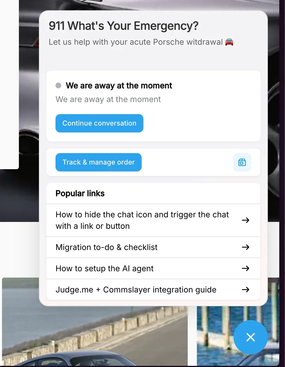 The chat widget’s home screen, with a Track & manage order button where the old Track order section used to be