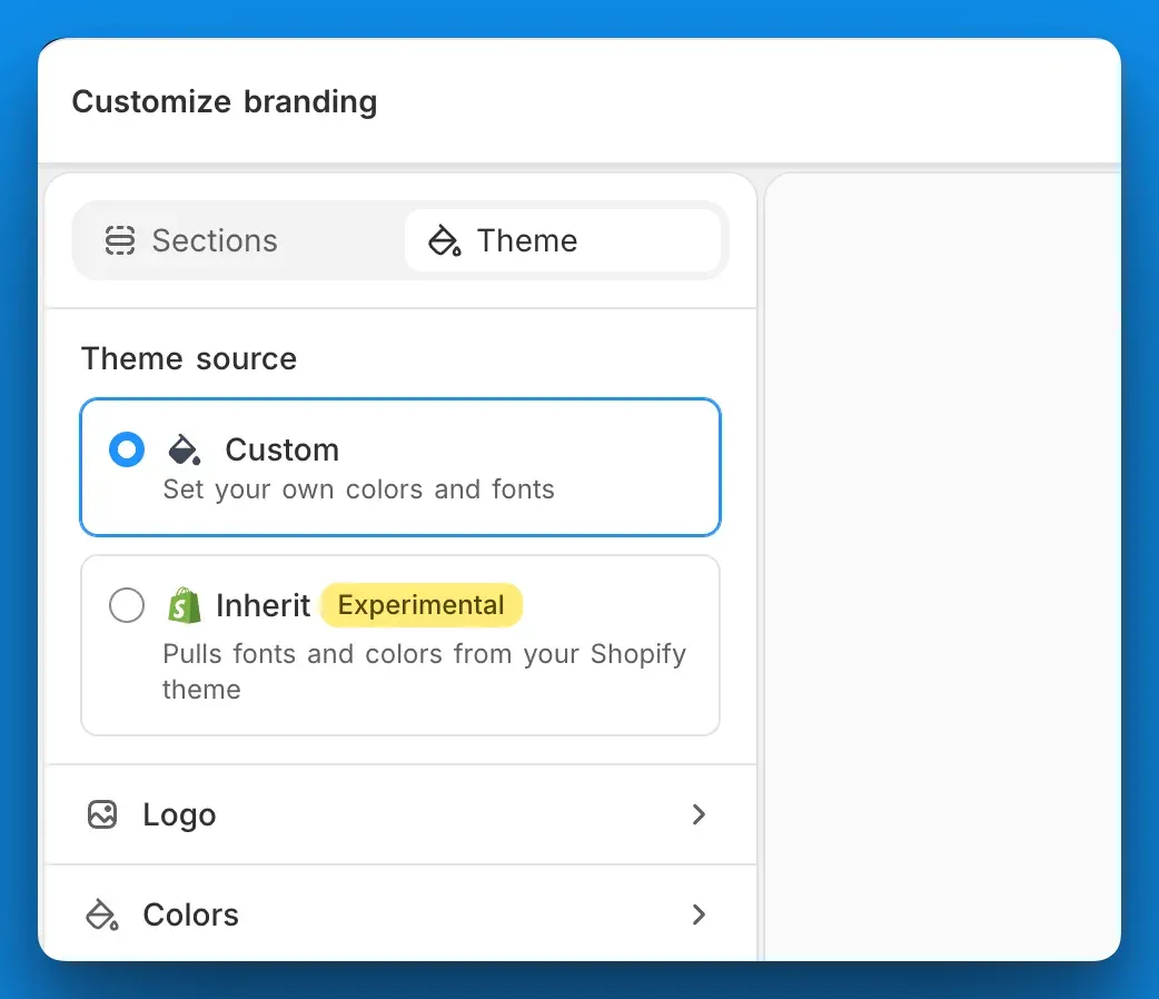 The branding editor’s theme source, choosing between custom colors and fonts or inheriting them from the Shopify theme