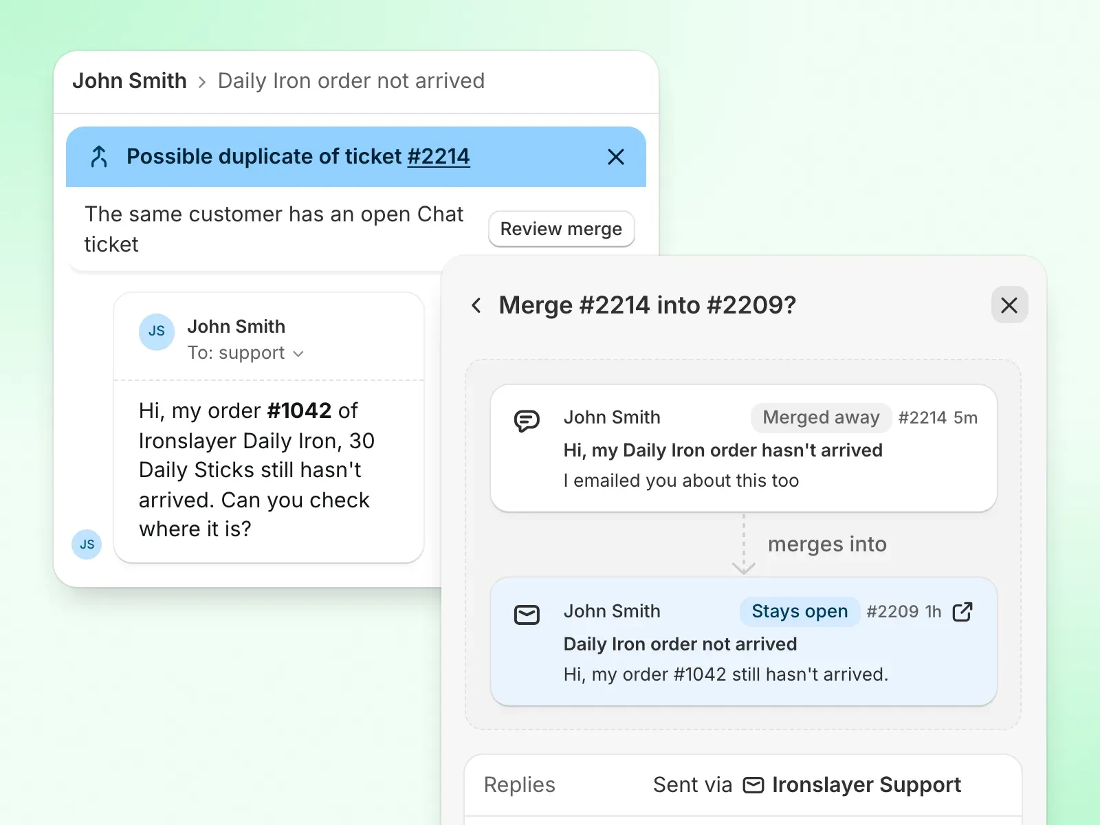 An email ticket showing a Possible duplicate banner because the same customer has an open chat ticket, next to a merge preview where the chat merges into the email ticket that stays open