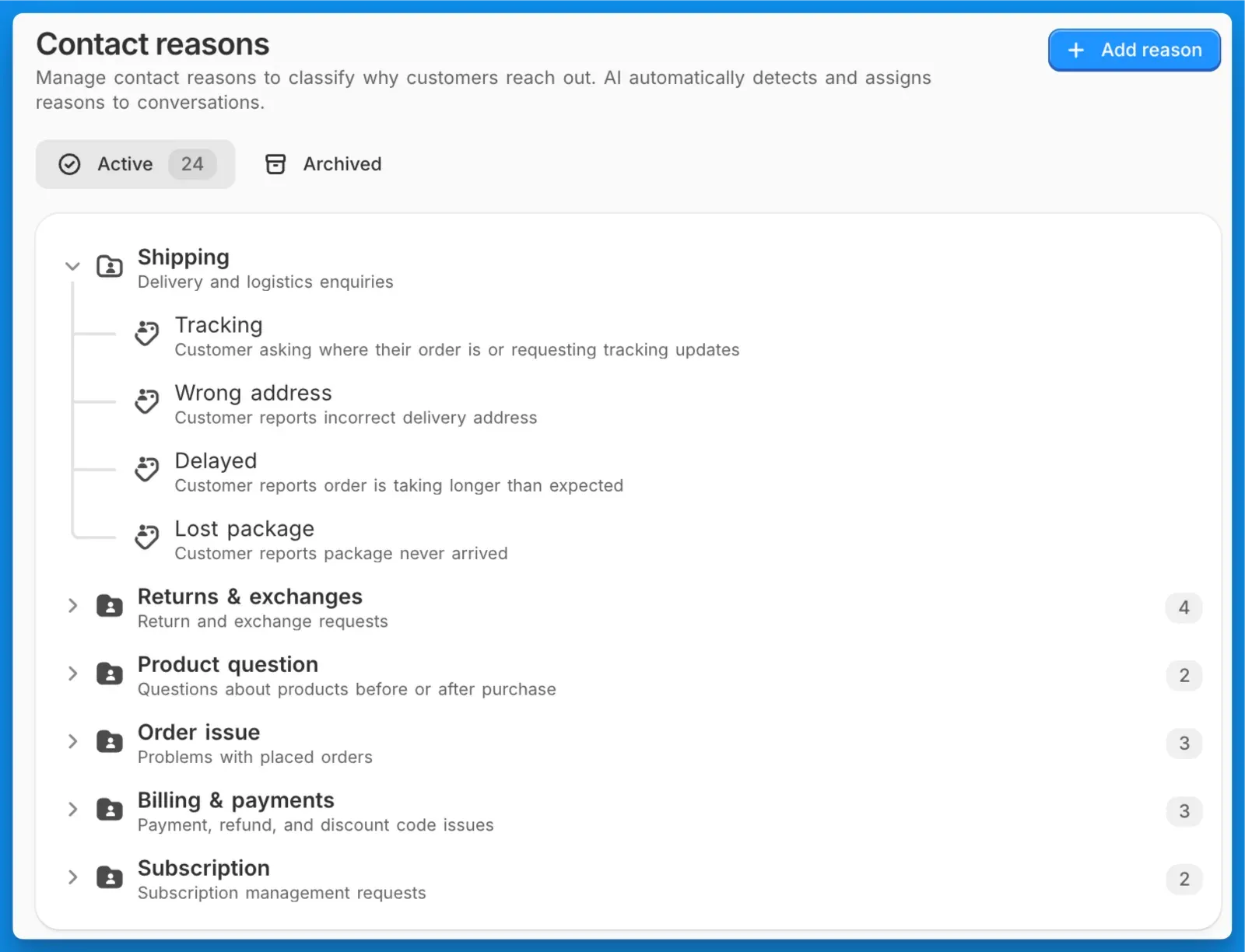 The Contact reasons settings, with Shipping expanded into Tracking, Wrong address, Delayed, and Lost package