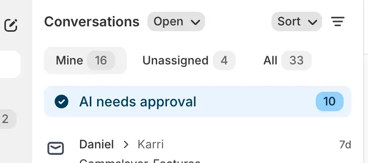An “AI needs approval” row at the top of the conversation list, counting 10 waiting conversations