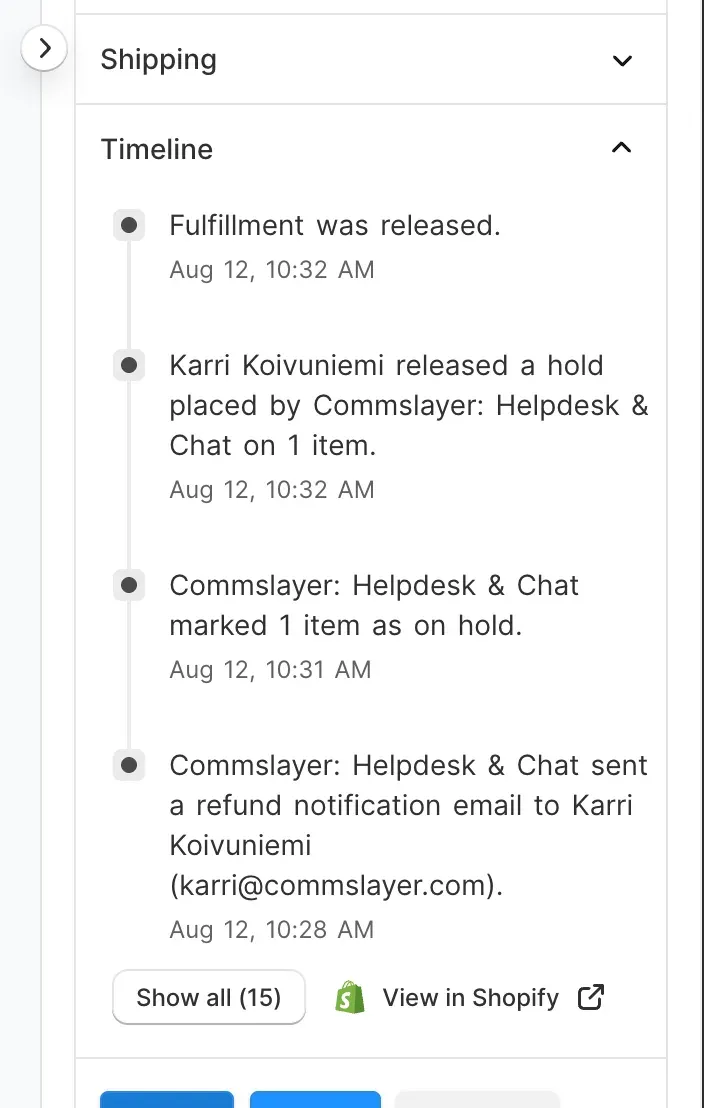 The Shopify order timeline in the conversation sidebar, listing fulfillment releases, holds, and refund notifications