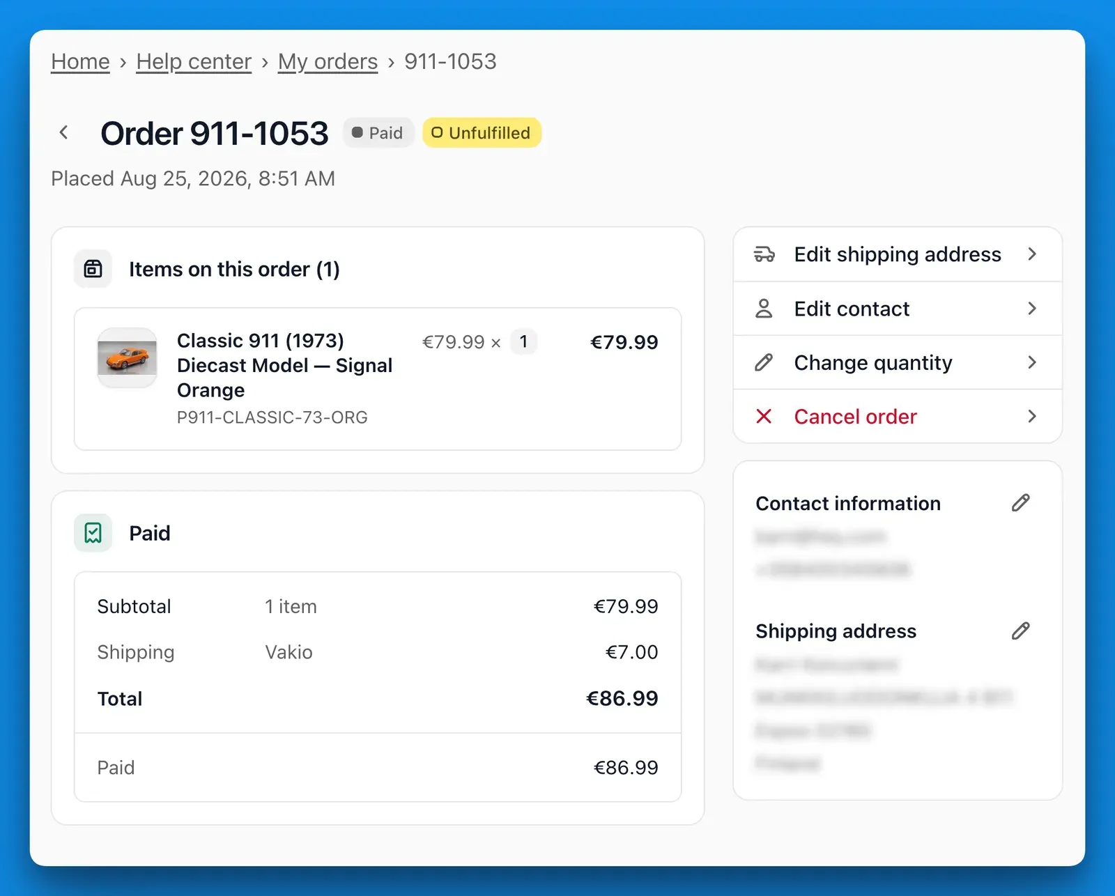 An order in the customer portal, with actions to edit the shipping address and contact details, change quantities, or cancel the order