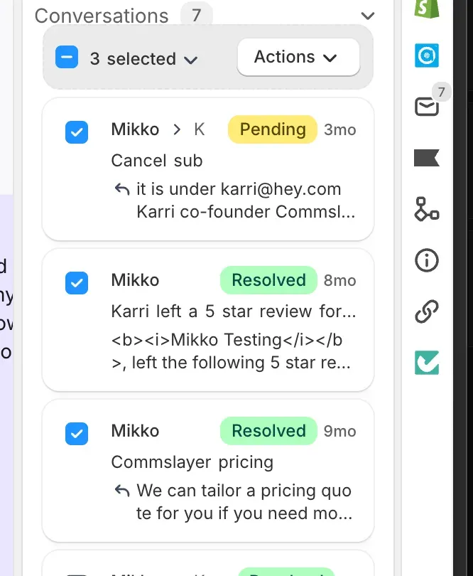 Bulk actions in the sidebar, with three conversations selected and an Actions menu above them
