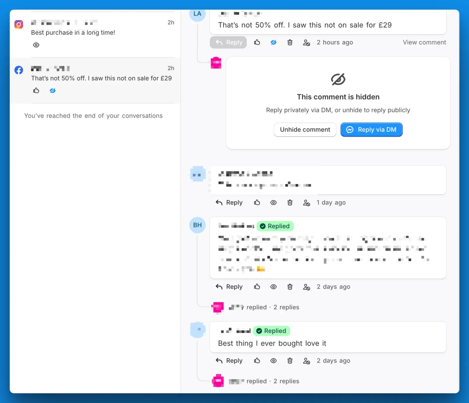 Several comments on one post answered from a single screen, one of them hidden with Unhide comment and Reply via DM offered