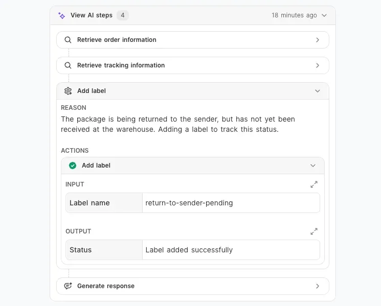 An AI activity log listing the four steps the agent took, with the reason it added a label expanded