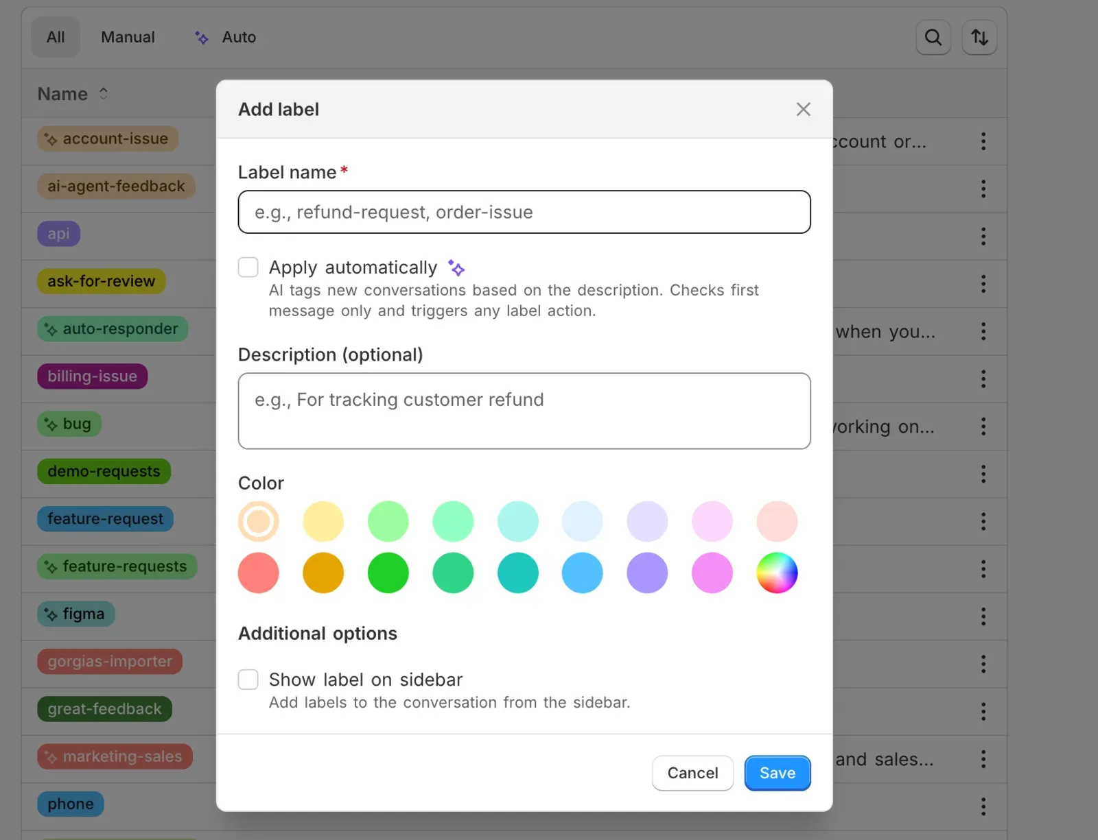 The Add label dialog, with an “Apply automatically” checkbox that hands the label to the AI