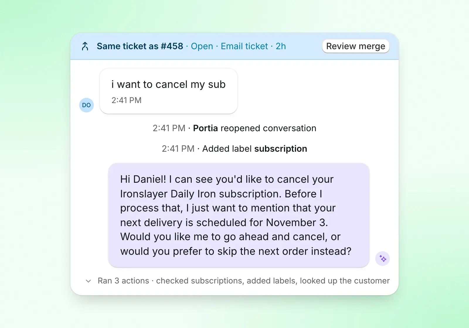 A conversation list with three tickets selected and a bulk actions bar showing a Merge button