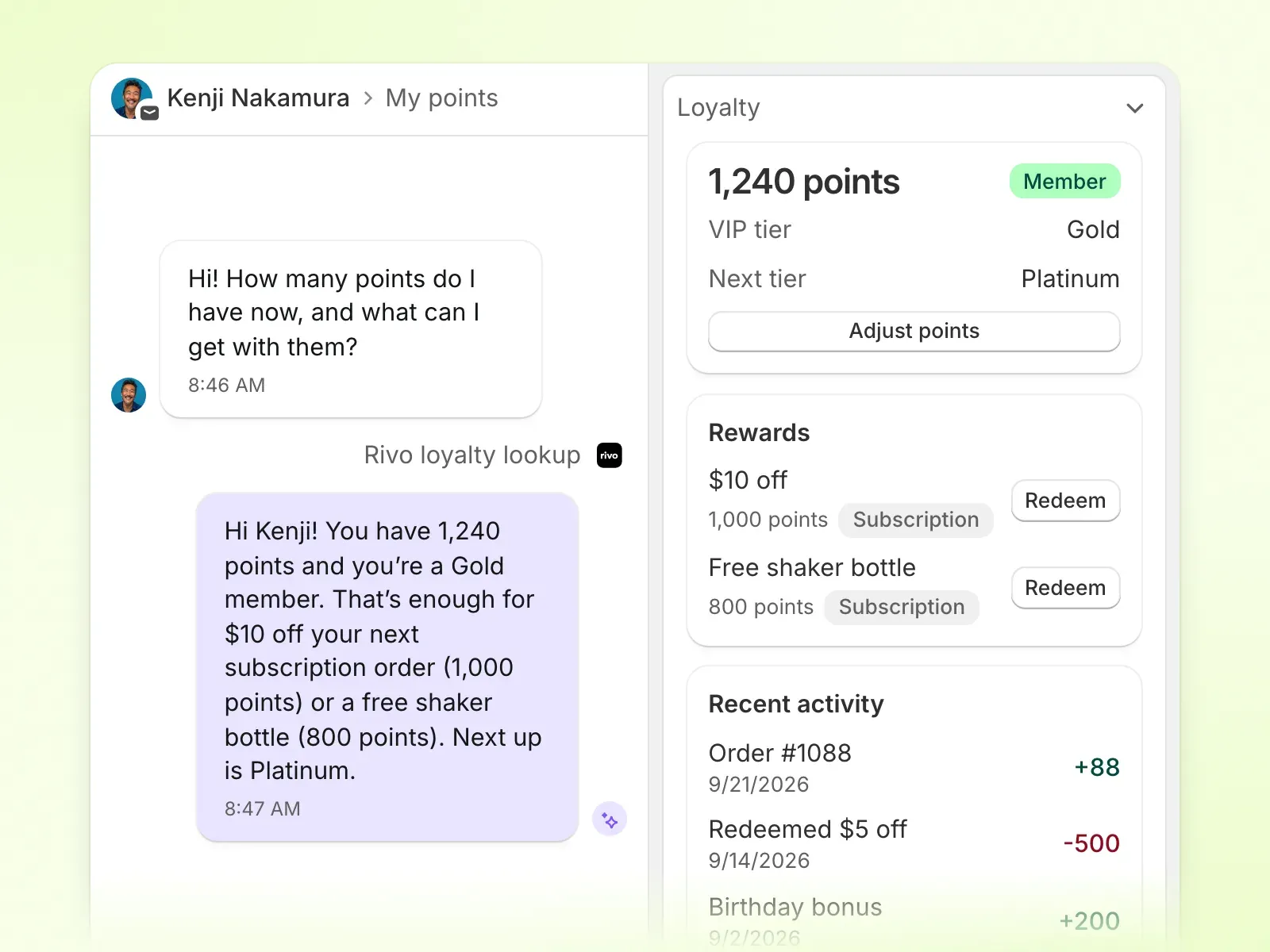 A conversation where the AI agent tells a customer their points balance and rewards, next to the Loyalty sidebar section showing 1,240 points, a Gold VIP tier, redeemable rewards and recent points activity