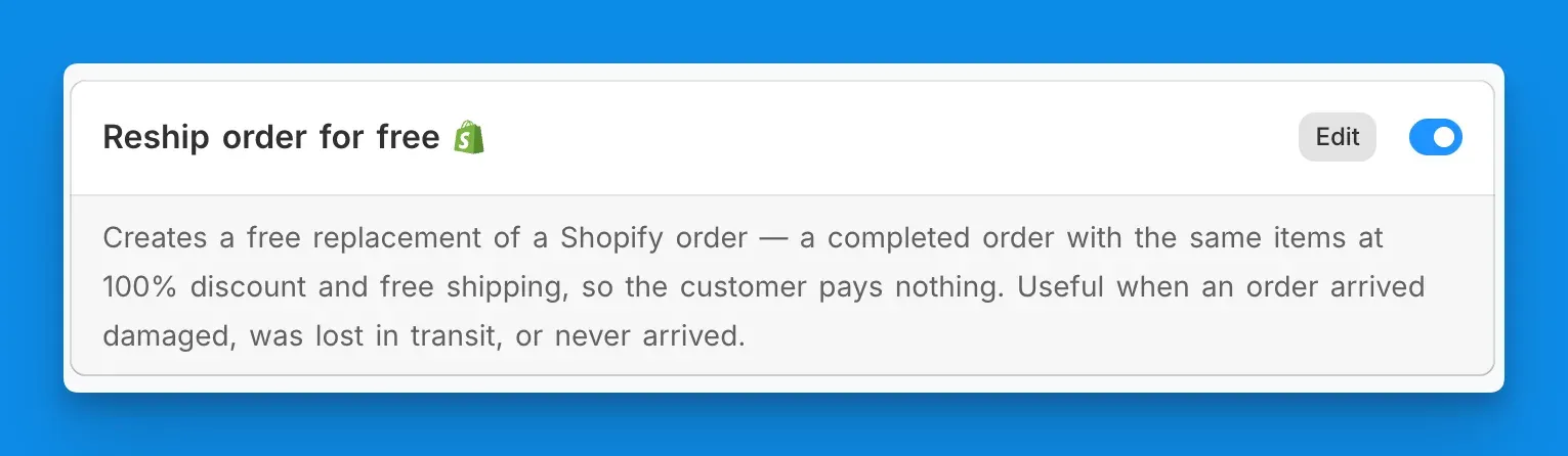 The Reship order for free action, described as a replacement order at full discount with free shipping