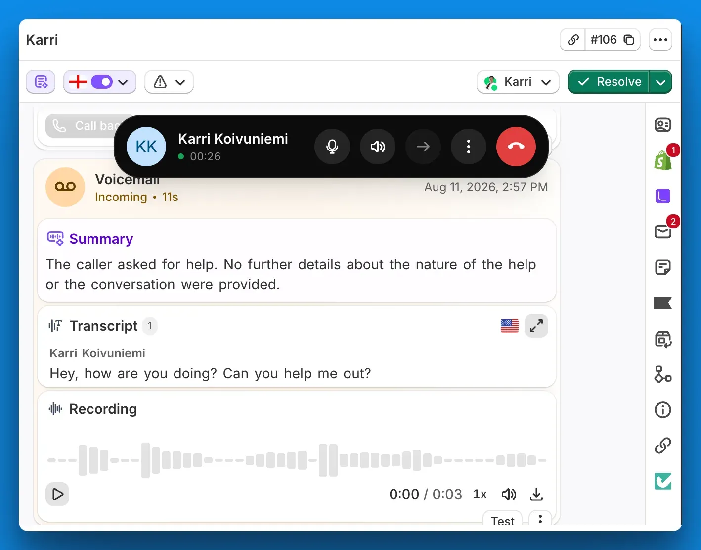 A live call in the conversation, with the call controls floating over it
