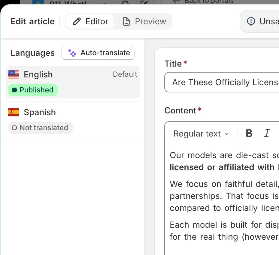 The article editor with an Auto-translate button beside the language list, English published and Spanish not translated yet