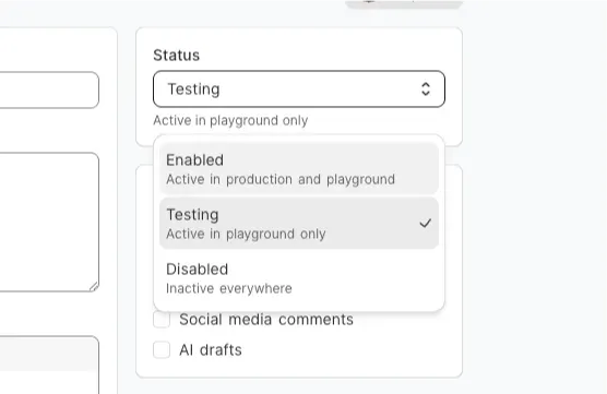 The guidance status dropdown, offering Enabled, Testing, and Disabled