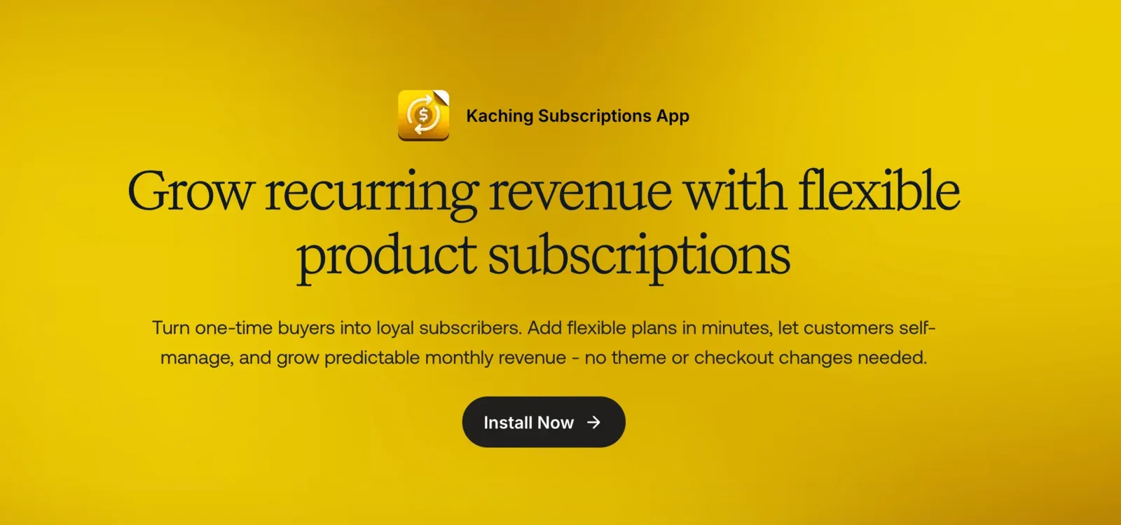 The Kaching Subscriptions app listing, headlined “Grow recurring revenue with flexible product subscriptions”