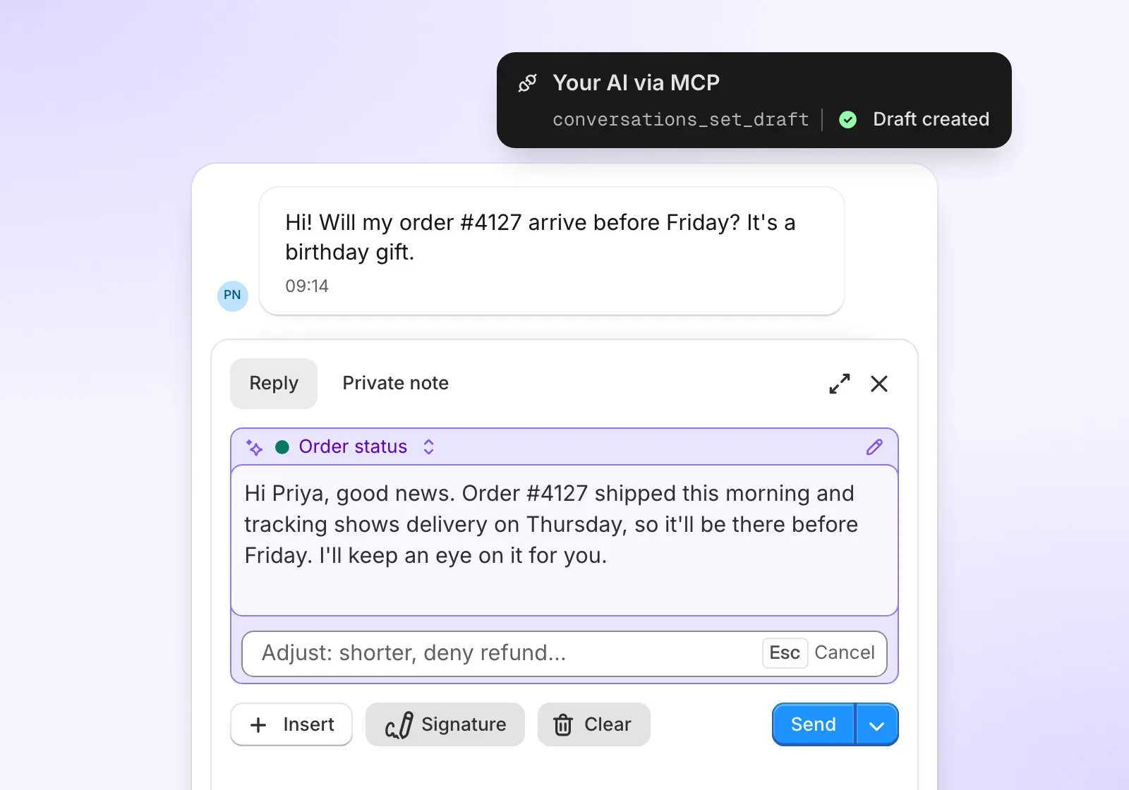 A reply draft saved through MCP sitting in the conversation’s reply box, ready for an agent to edit and send